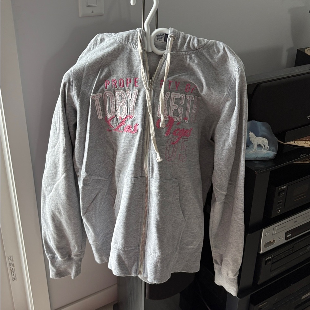 Gray Zip-Up Hoodie with Pink Accents